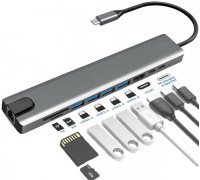 USB хаб переходник для ноутбука USB C to HDMI 4xUSB 3.0 PD type cx2 SD TF card reader Ethernet RJ45 10в1 Pavlysh UH101