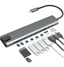 USB хаб перехідник для ноутбука USB C to HDMI 4xUSB 3.0 PD type cx2 SD TF card reader Ethernet RJ45 10в1