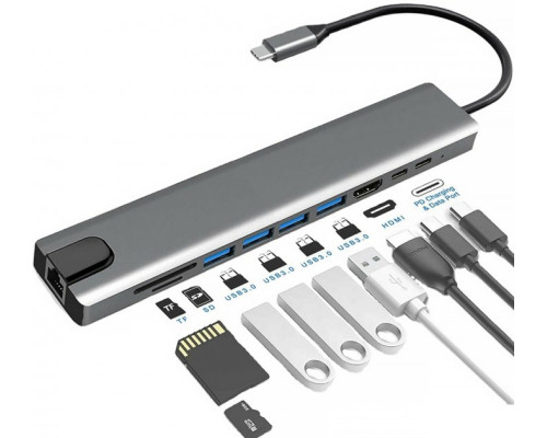 USB хаб перехідник для ноутбука USB C to HDMI 4xUSB 3.0 PD type cx2 SD TF card reader Ethernet RJ45 10в1