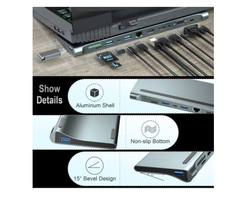 USB хаб Type C 12 в 1 HDMI VGA AUX 3.5 mm SD/TF Card Reader USB Hub 3x3.0 Ethernet RJ 45 C USB Charging перехідник З USB - HUB для MacBook Pro PAVLYSH
