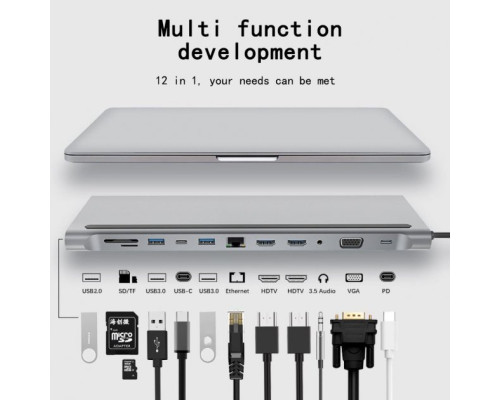 USB хаб Type C 12 в 1 HDMI VGA AUX 3.5 mm SD/TF Card Reader USB Hub 3x3.0 Ethernet RJ 45 C USB Charging перехідник З USB - HUB для MacBook Pro PAVLYSH