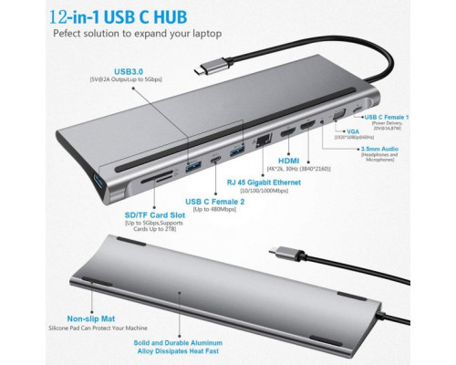 USB хаб Type C 12 в 1 HDMI VGA AUX 3.5 mm SD/TF Card Reader USB Hub 3x3.0 Ethernet RJ 45 C USB Charging перехідник З USB - HUB для MacBook Pro PAVLYSH