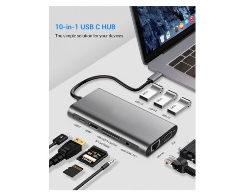 USB хаб Type C 10 в 1 HDMI VGA AUX 3.5 mm SD/TF Card Reader USB Hub 3x3.0 Ethernet LAN RJ 45 C USB Charging перехідник USB хаб для MacBook Pro PAVLYSH (PH-43)