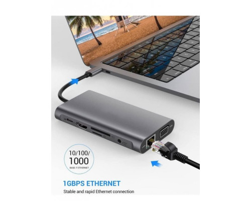 USB хаб Type C 10 в 1 HDMI VGA AUX 3.5 mm SD/TF Card Reader USB Hub 3x3.0 Ethernet LAN RJ 45 C USB Charging перехідник USB хаб для MacBook Pro PAVLYSH (PH-43)