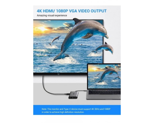USB хаб Type C 10 в 1 HDMI VGA AUX 3.5 mm SD/TF Card Reader USB Hub 3x3.0 Ethernet LAN RJ 45 C USB Charging перехідник USB хаб для MacBook Pro PAVLYSH (PH-43)