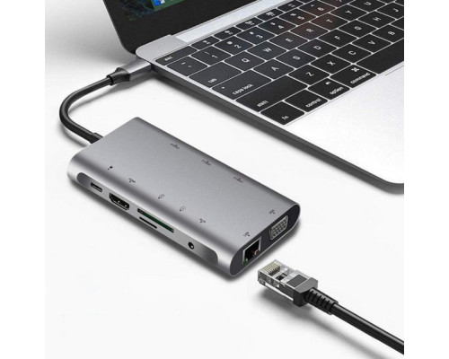 USB хаб Type C 10 в 1 HDMI VGA AUX 3.5 mm SD/TF Card Reader USB Hub 3x3.0 Ethernet LAN RJ 45 C USB Charging перехідник USB хаб для MacBook Pro PAVLYSH (PH-43)