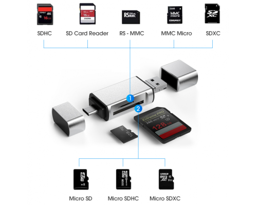 Перехідник Card Reader SD/MicroSD флешка на USB Type-C та USB 2.0 адаптер USB на Micro USB для картридер PAVLYSH (PA-46)