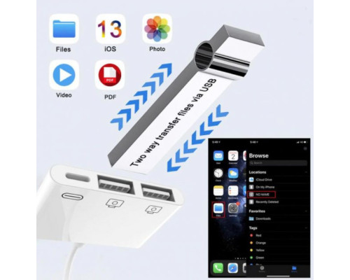 Перехідник для iPhone на 2 USB адаптер для iPad на флешку кабель для підключення камери з роз'ємом зарядки